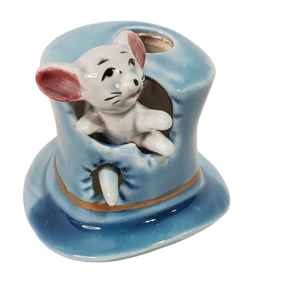 Vintage Mouse in Top Hat Toothpick Holder Figurine Japan Ceramic Kitsch Blue 2" - Picture 1 of 5